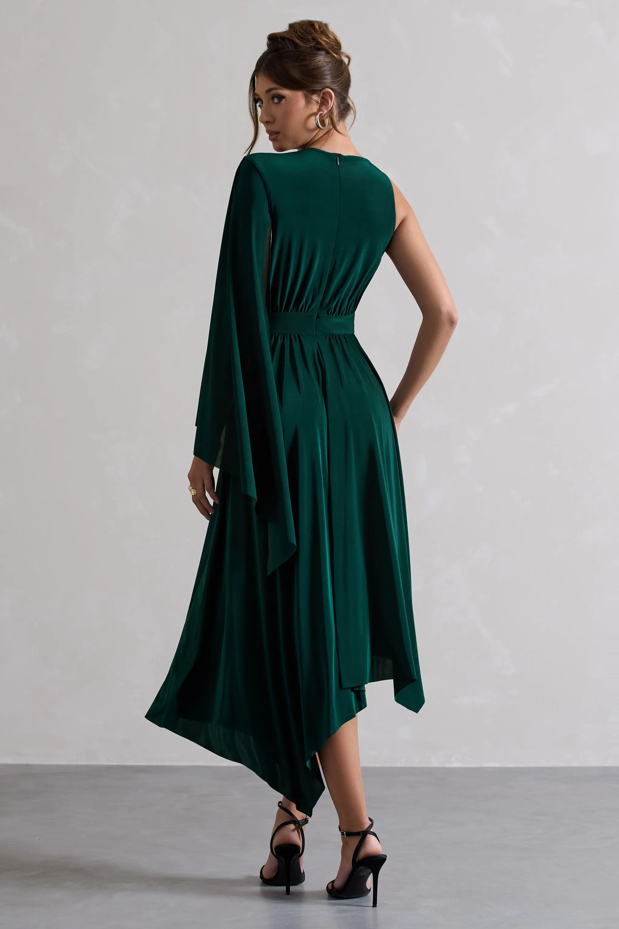 Fable | Bottle Green Plunge-Neck Maxi Dress With Cape Sleeve