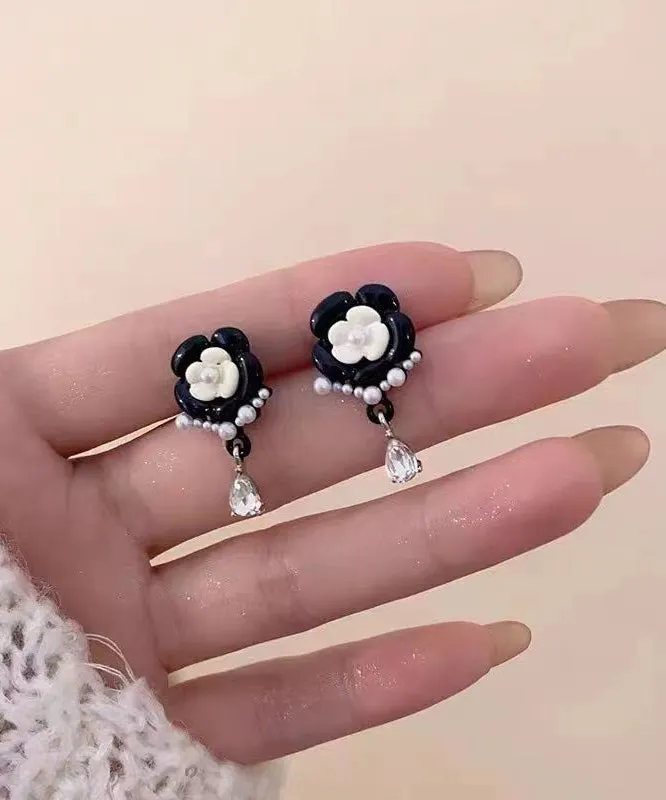 Fashion Black Alloy Pearl Crystal Floral Tassel Drop Earrings DF1018