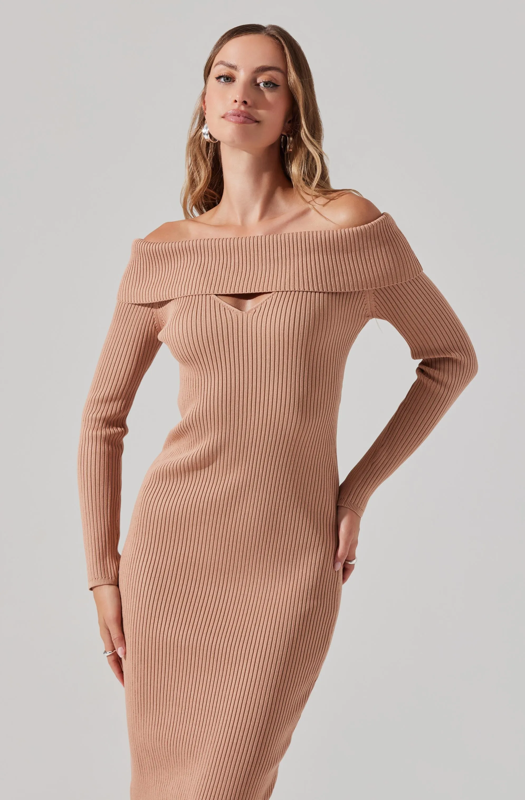 Foldover Long Sleeve Midi Sweater Dress