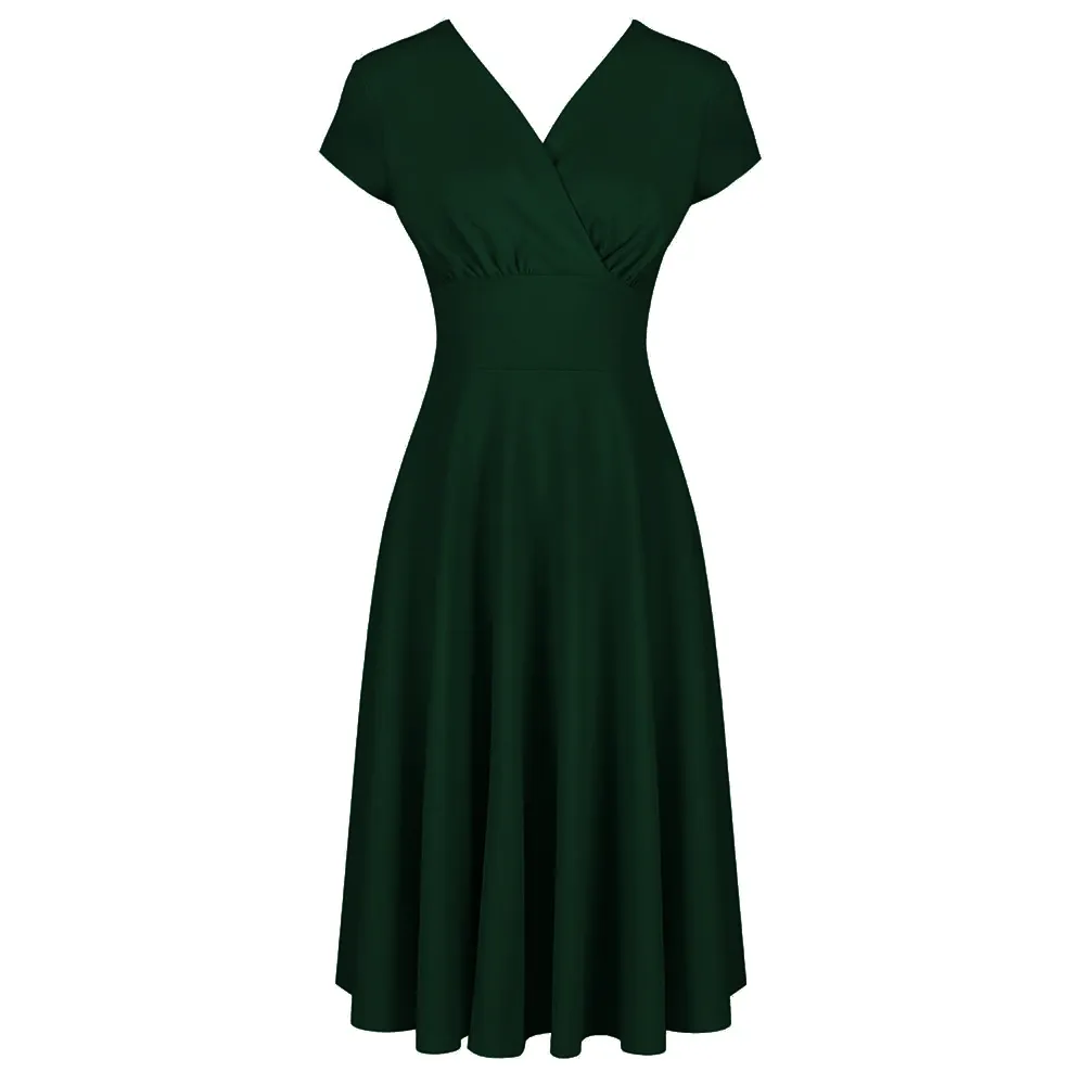 Forest Green A Line Vintage Crossover Capped Sleeve Tea Swing Dress