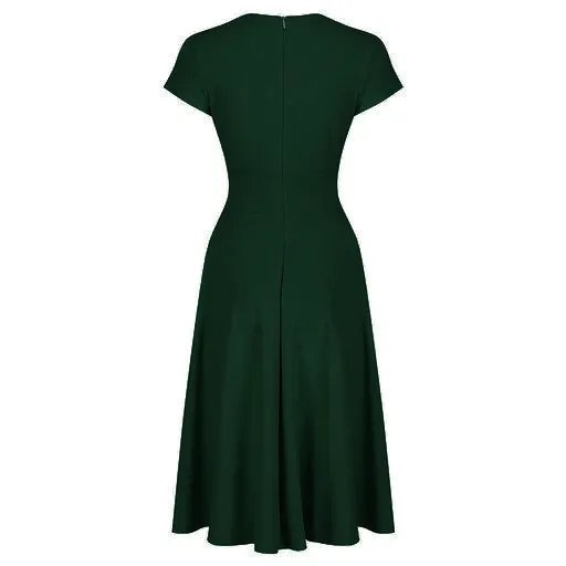 Forest Green A Line Vintage Crossover Capped Sleeve Tea Swing Dress