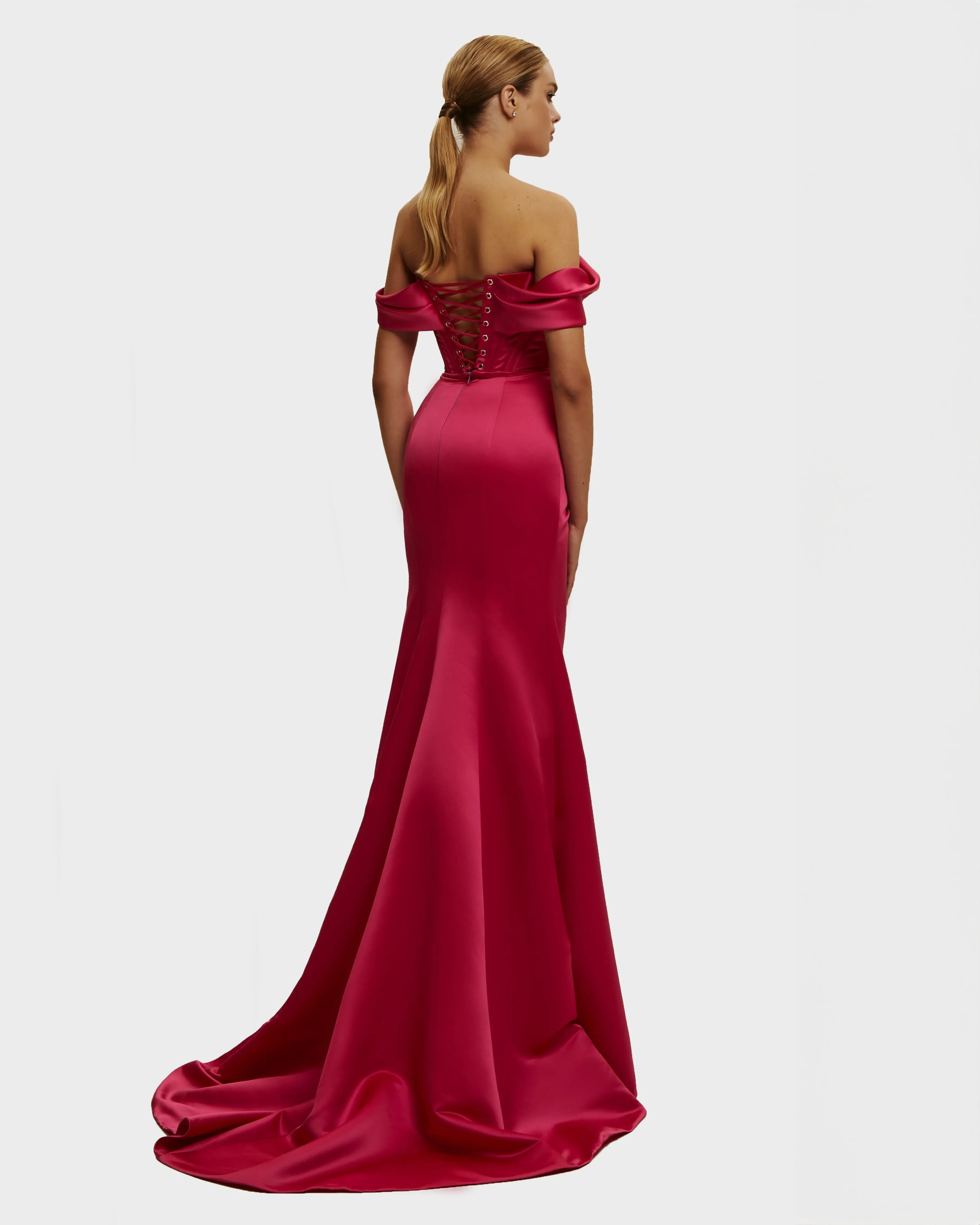 Fuchsia Princess strapless gown with thigh slit