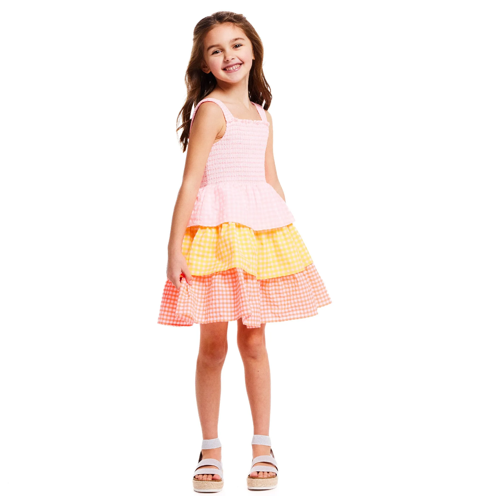 Gingham Three-Tier Dress | Multicolor Neon