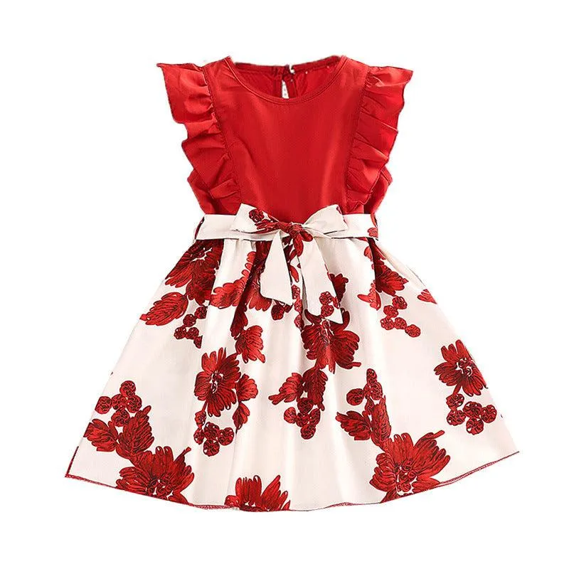 Girls' New Summer Printed Patchwork Dress Korean Version Flying Sleeve Foreign Skirt