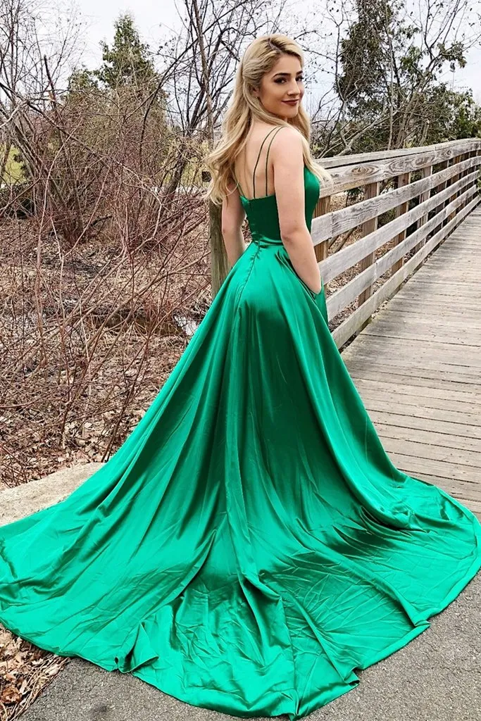 Green Prom Dress with Slit, Homecoming Dress ,Winter Formal Dress, Pageant Dance Dresses, Back To School Party Gown, PC0626