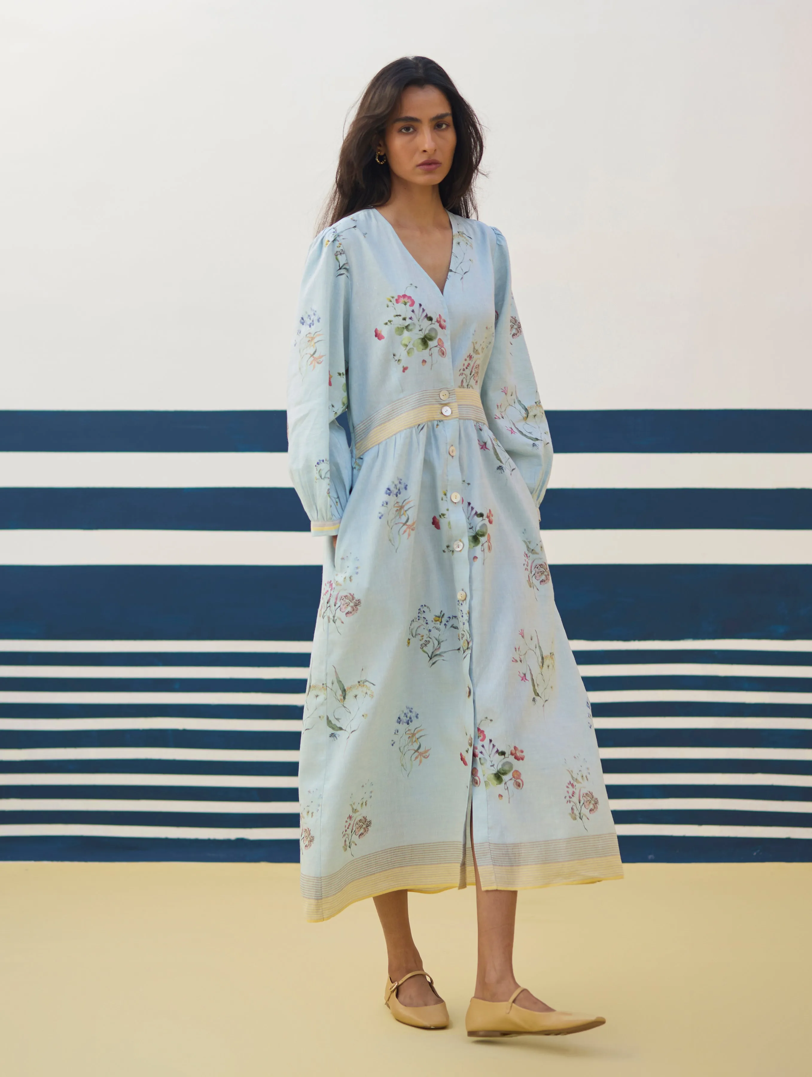 Greta Floral Linen Dress - Sky