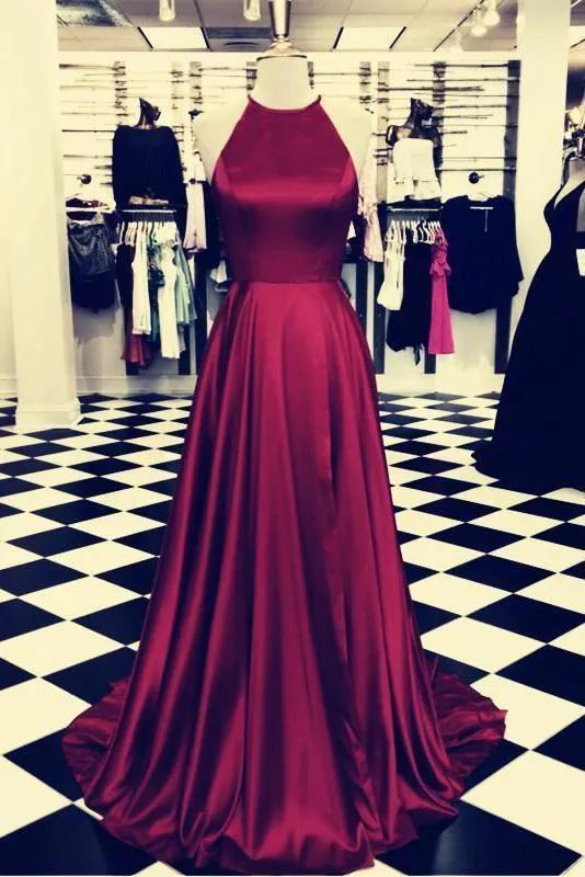 Halter Open Back A Line Red Sleeveless Prom Dresses Long Cheap Evening Dresses