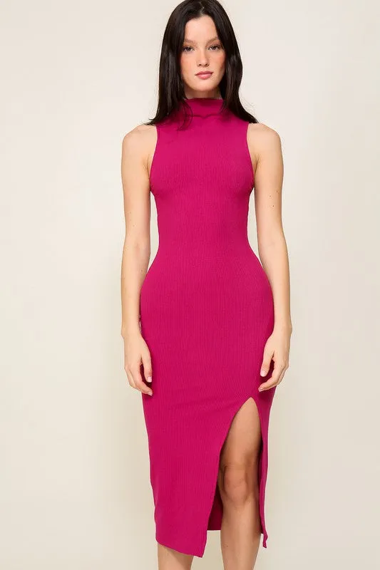 Heavy Ribbed High Neck Midi Dress