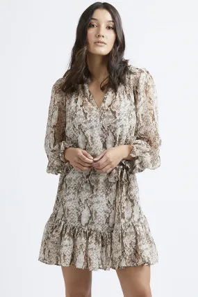 Inspire LS Brown Snakey Frill Hem Shift Dress