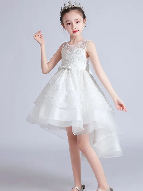 Jewel Neck Sleeveless Embroidered Kids Party Dresses Hi-Lo Flower Girl Dresses