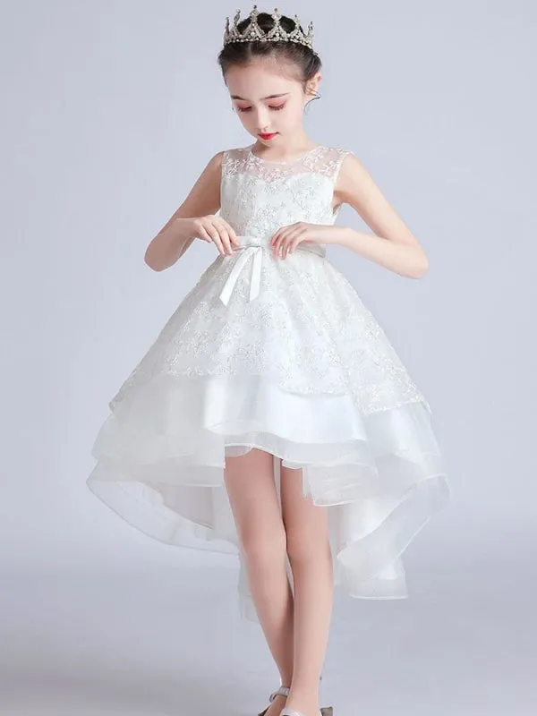 Jewel Neck Sleeveless Embroidered Kids Party Dresses Hi-Lo Flower Girl Dresses