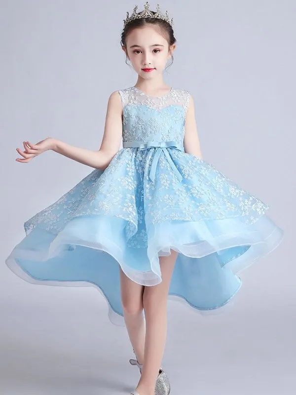 Jewel Neck Sleeveless Embroidered Kids Party Dresses Hi-Lo Flower Girl Dresses