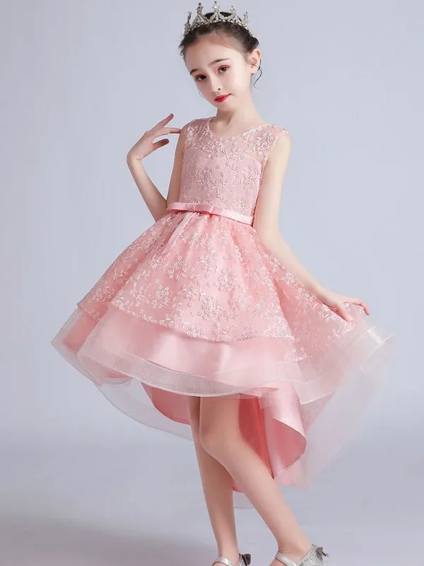 Jewel Neck Sleeveless Embroidered Kids Party Dresses Hi-Lo Flower Girl Dresses