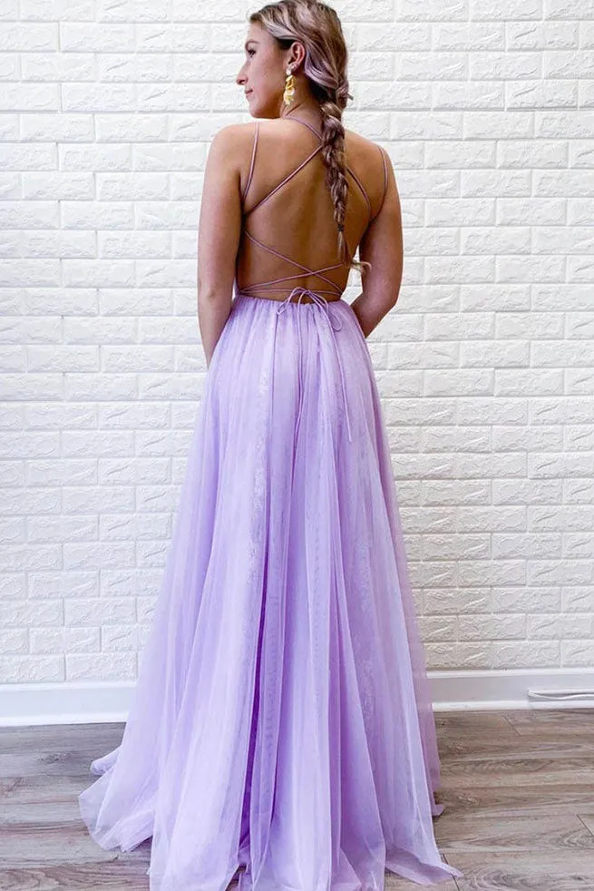 Lilac A Line Tulle Lace Evening Dresses Appliques Long Prom Dresses