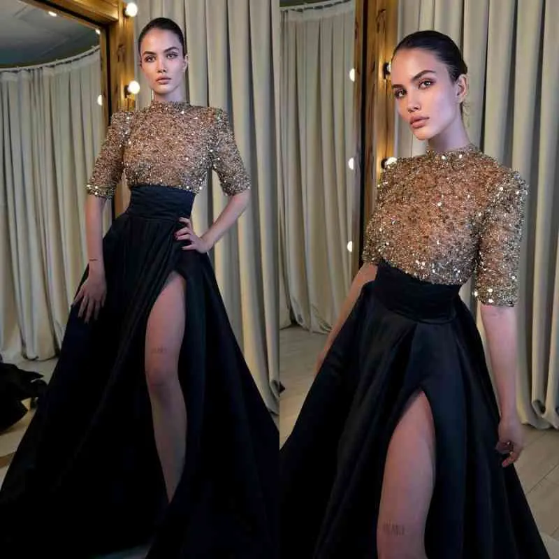 Long-Sleeve Mermaid Prom Dress in Black and Champagne with a Stylish Slit