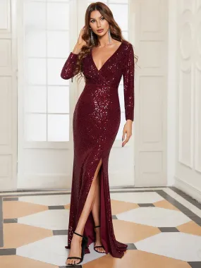 Long Sleeve Sequin V-Neck Evening Dress