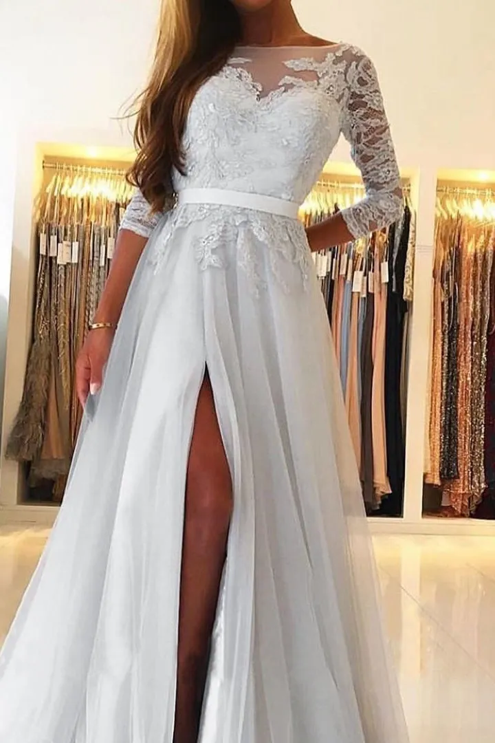 Long Sleeves A-Line Prom Dress with Lace Split