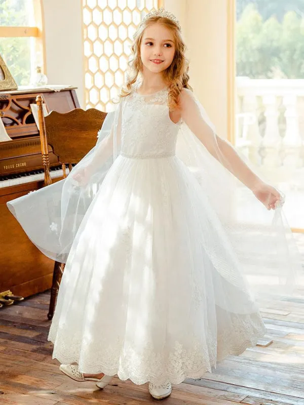 Lovely Ivory Tulle Lace Flower Girl Dresses Sleeveless Princess Dresses for Kids