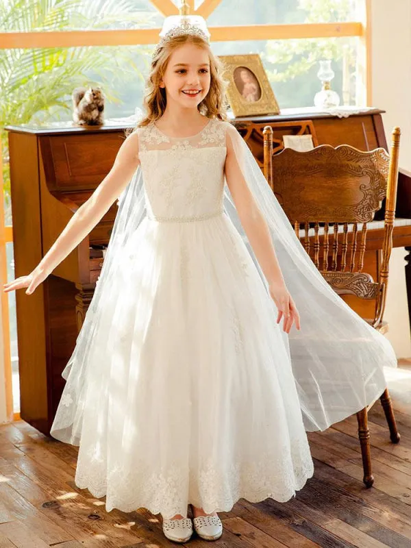 Lovely Ivory Tulle Lace Flower Girl Dresses Sleeveless Princess Dresses for Kids