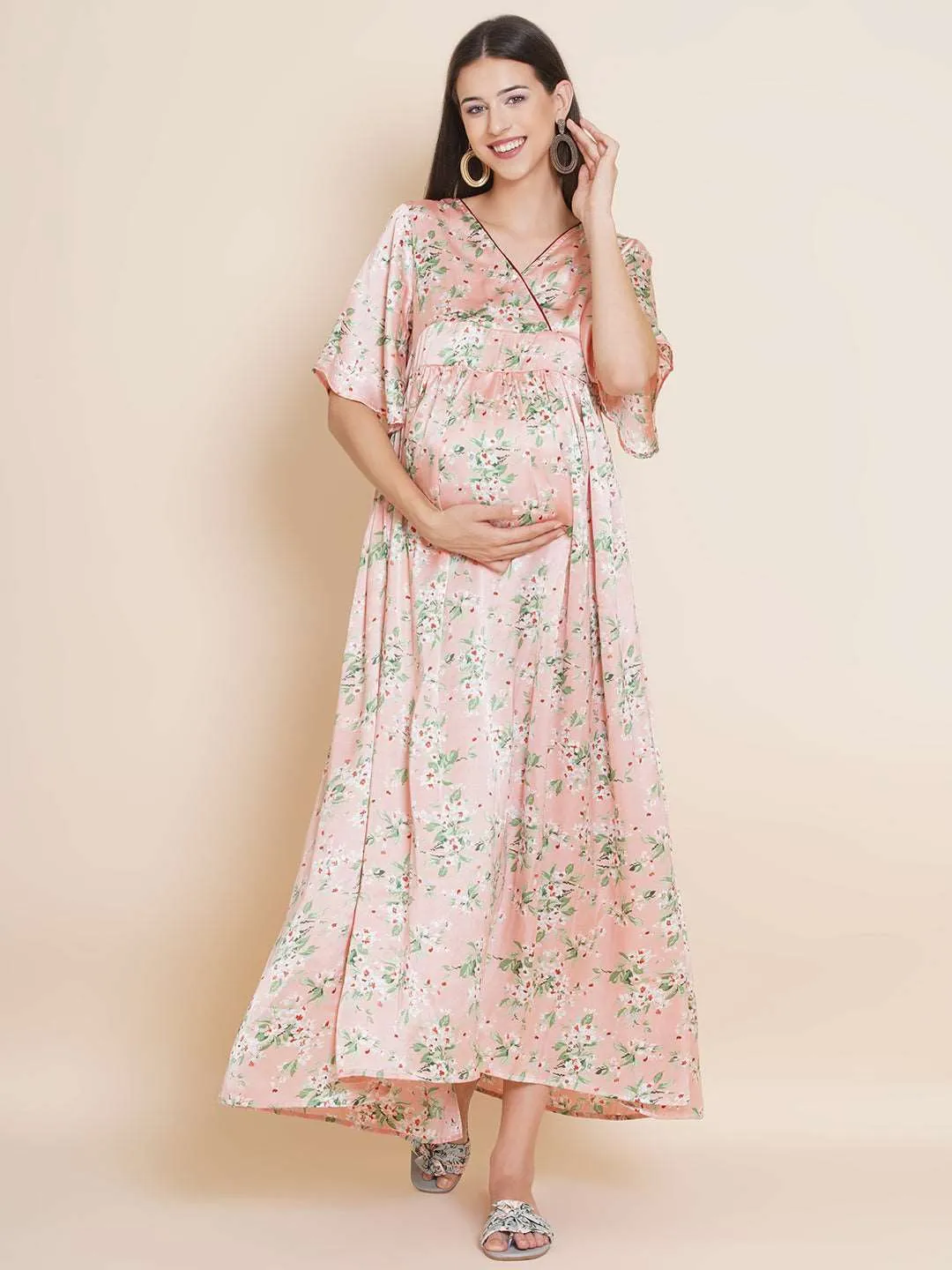 Maternity Satin Peach Color Maxi Baby Shower Dress