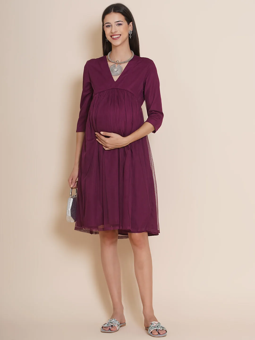 Maternity Solid Wine Short Baby Shower Dress