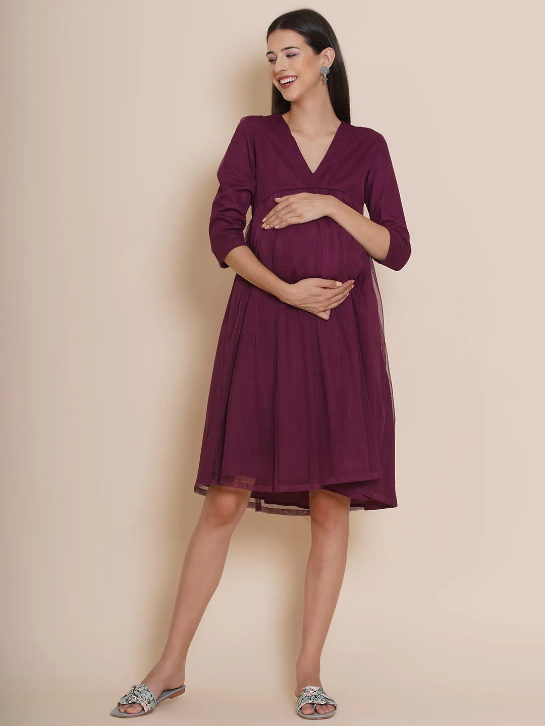 Maternity Solid Wine Short Baby Shower Dress