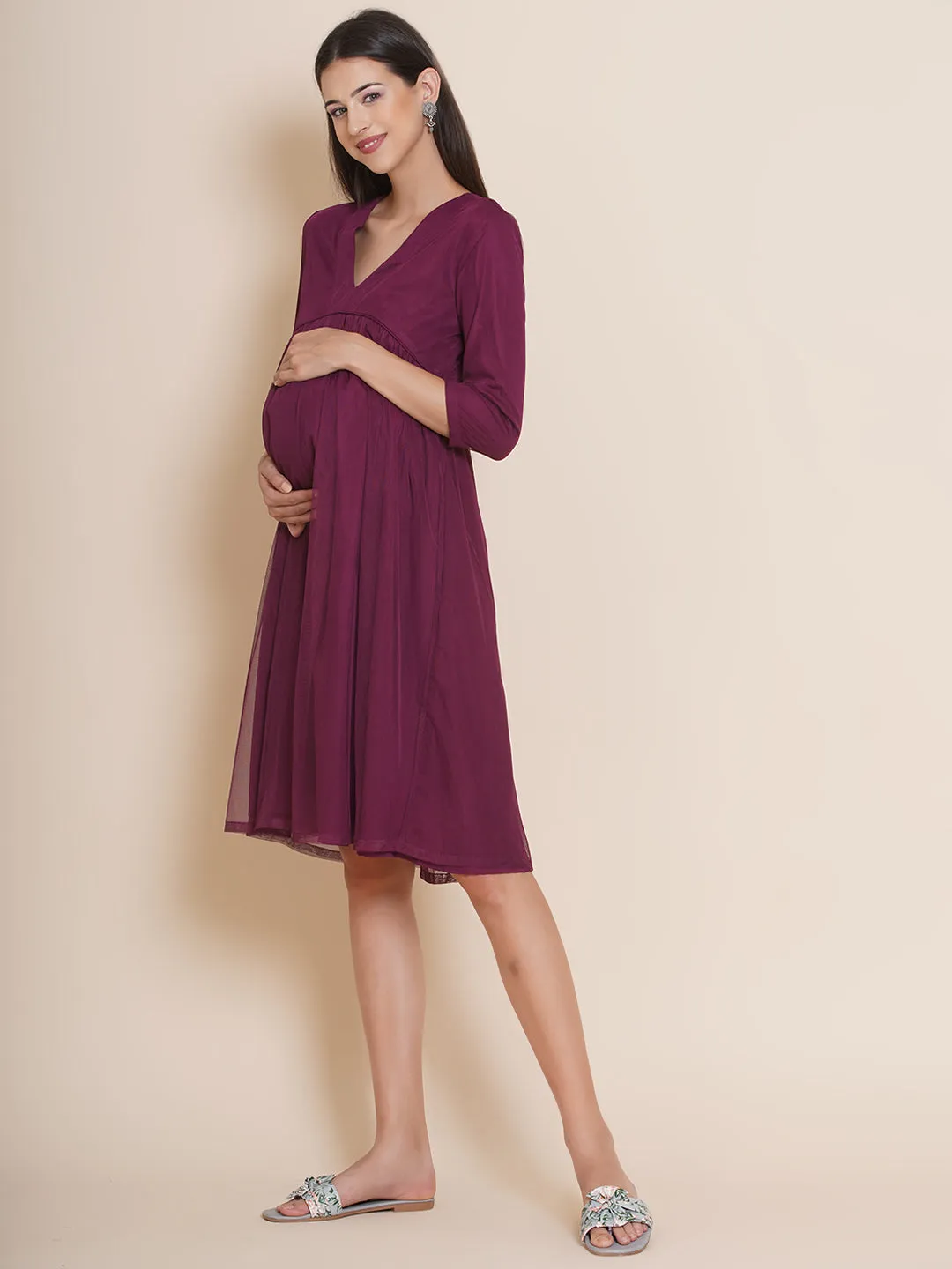 Maternity Solid Wine Short Baby Shower Dress