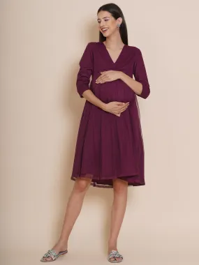 Maternity Solid Wine Short Baby Shower Dress