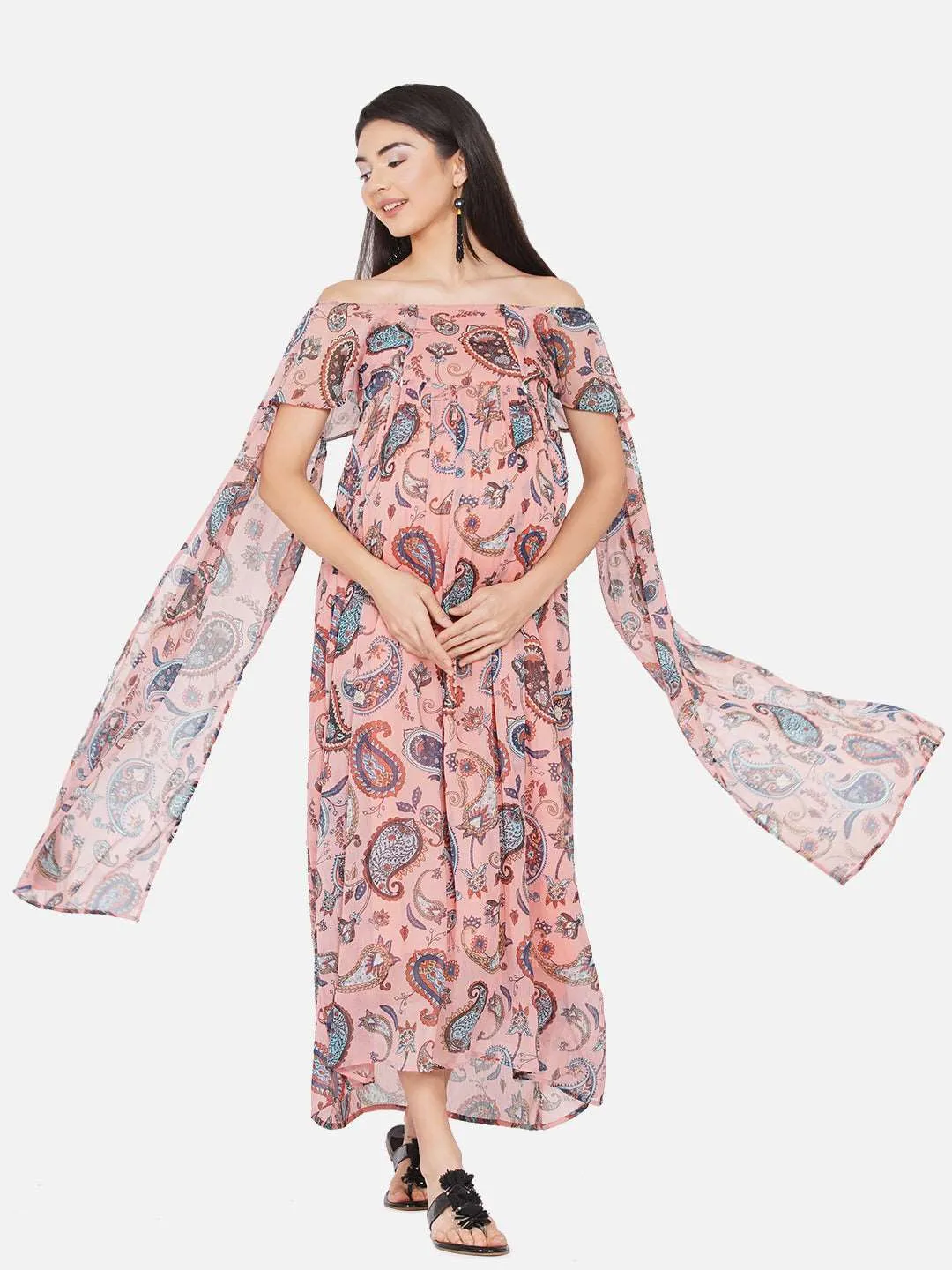 Maxi Baby Shower Dress Floral Print Peach Color