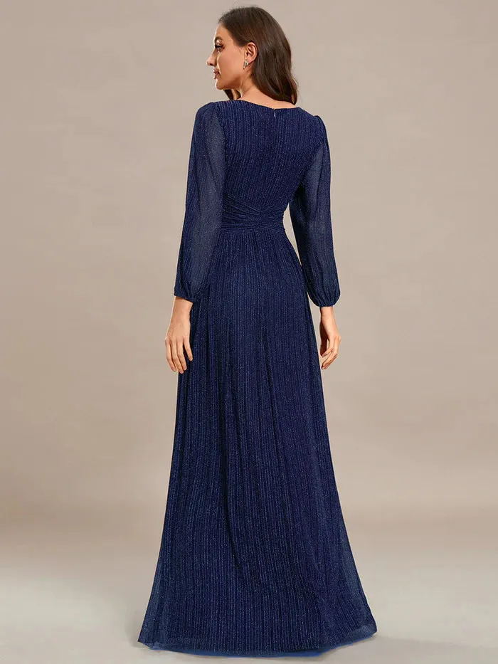 Maxi Long Chiffon Waist V Neck Evening Dress with Long Sleeves