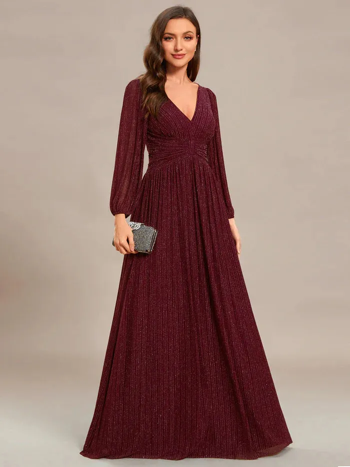 Maxi Long Chiffon Waist V Neck Evening Dress with Long Sleeves