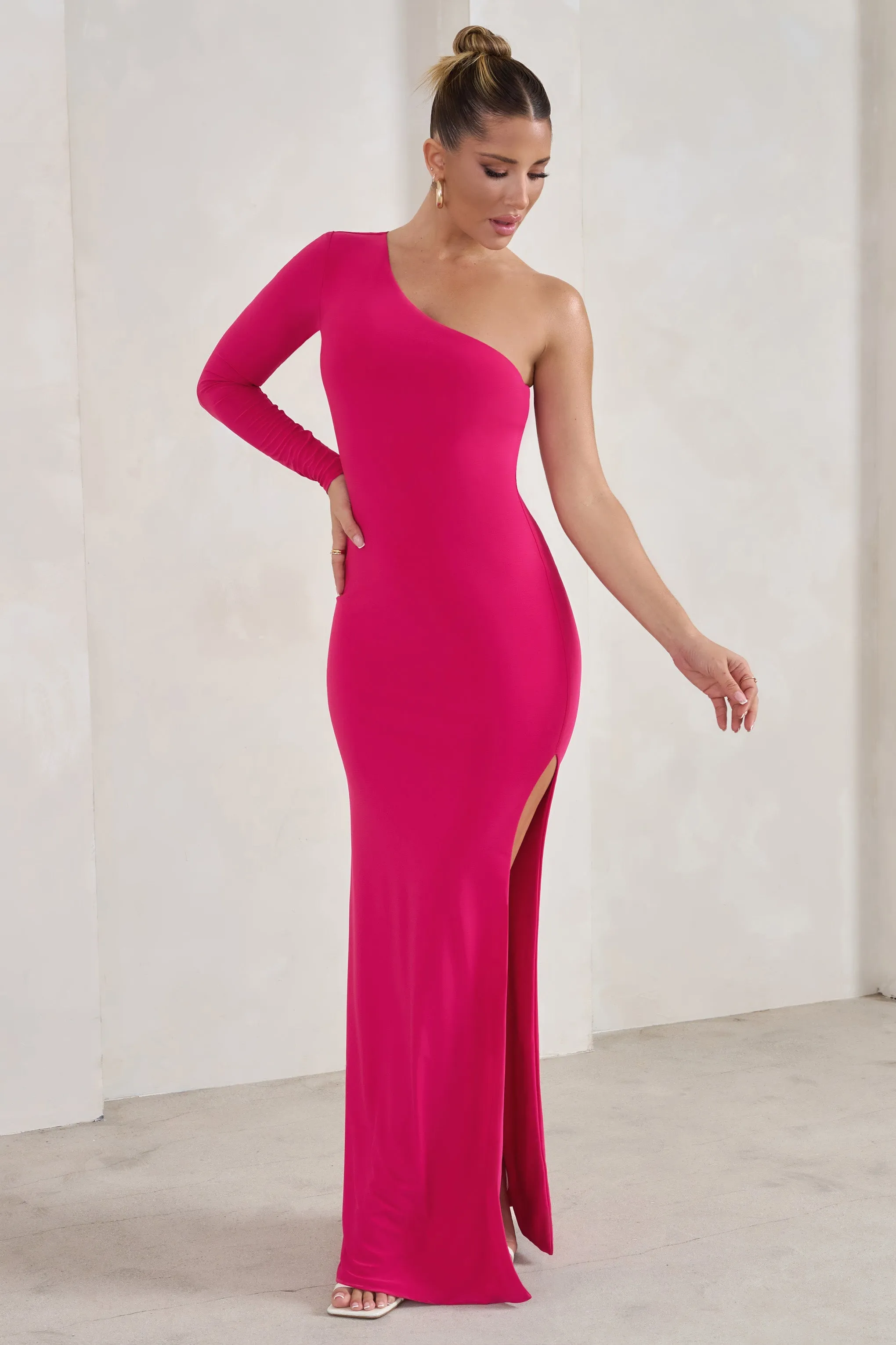 Melanie | Hot Pink One Shoulder Split Maxi Dress