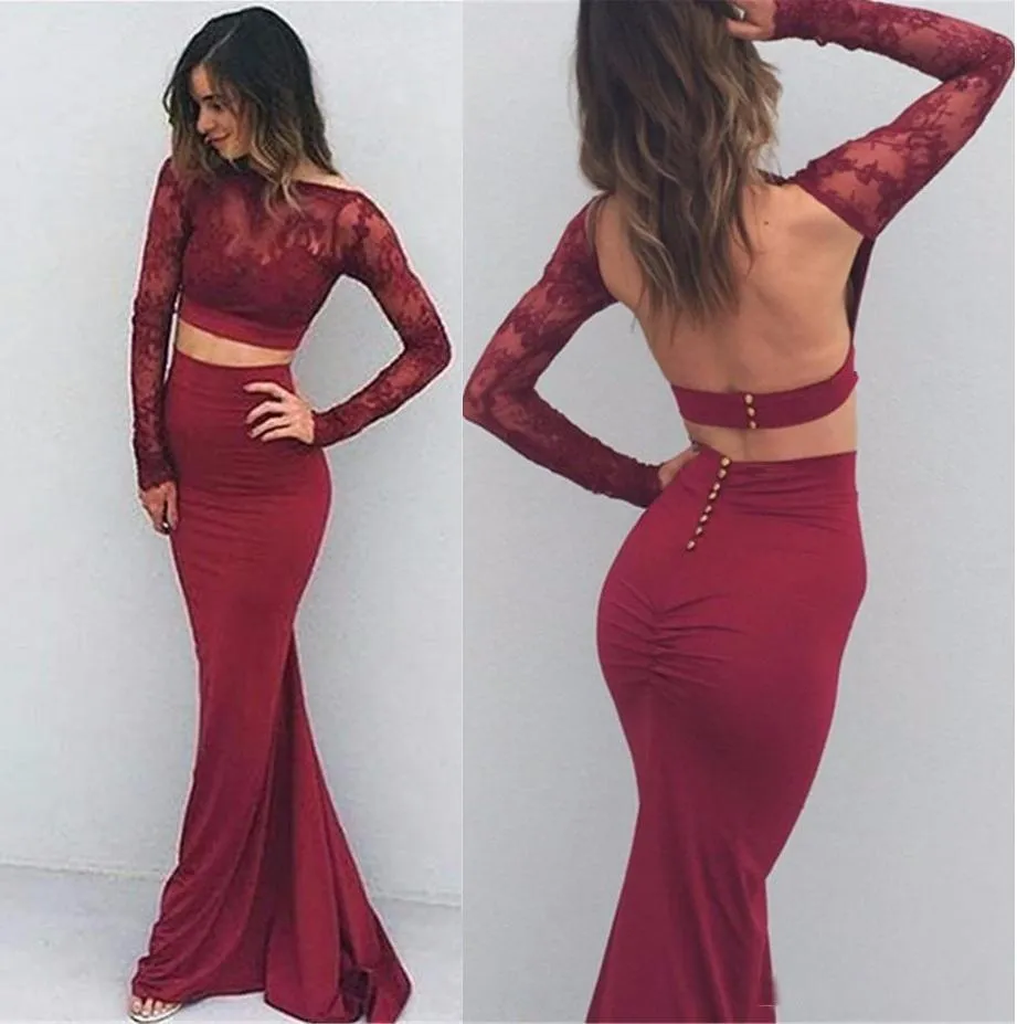 Mermaid Long Sleeve Two Pieces Prom Dresses Burgundy Backless Evening Dresses