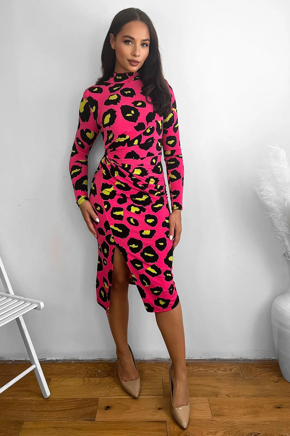 Neon Leopard Print High Neck Midi Dress