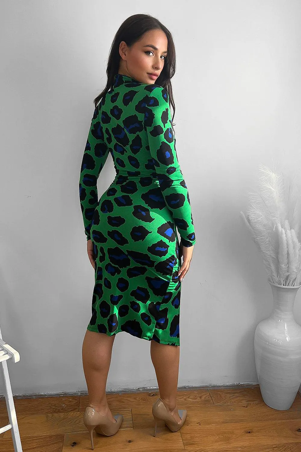 Neon Leopard Print High Neck Midi Dress