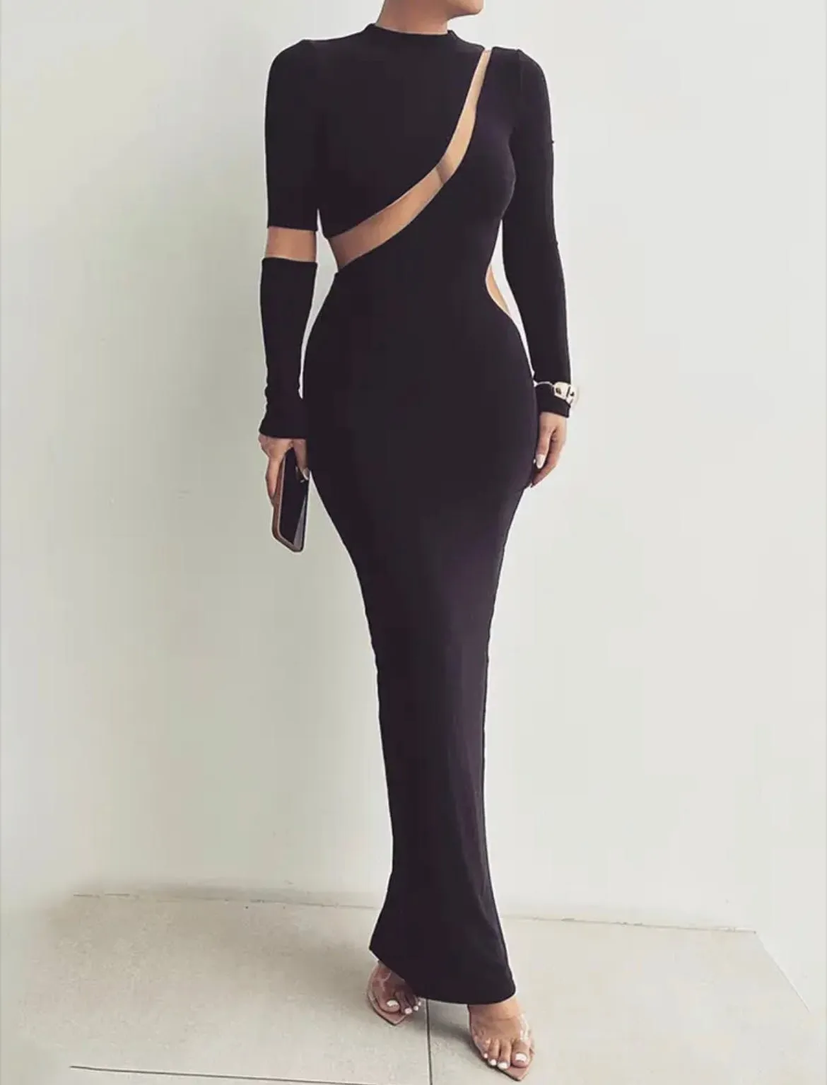 Nylon bodycon dress with mesh cutout