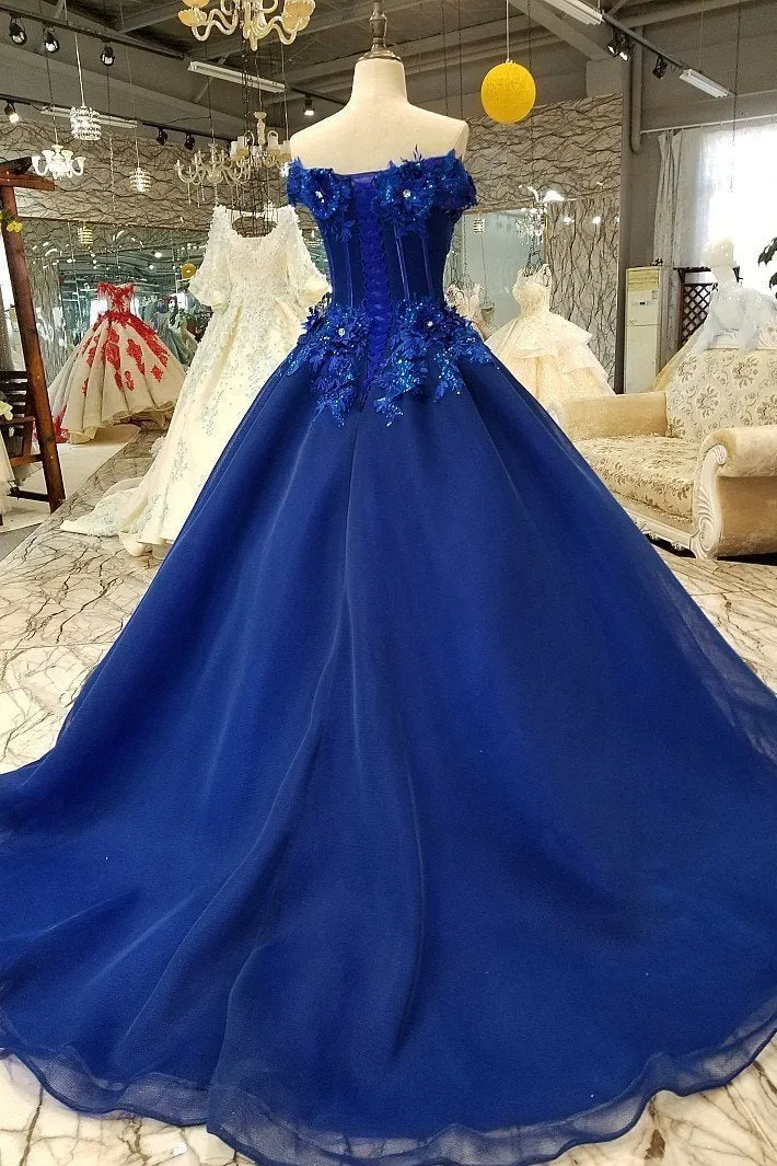 Off Shoulder Royal Blue Evening Dresses with 3D Floral Lace Ball Gown Quinceanera Dresses