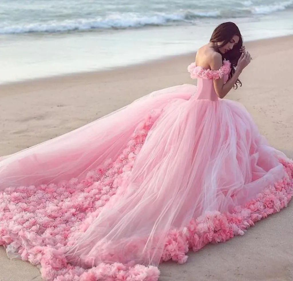 Off the Shoulder Ball Gown Prom Dress Flowers Decorated Wedding Gowns with Train #ER2172