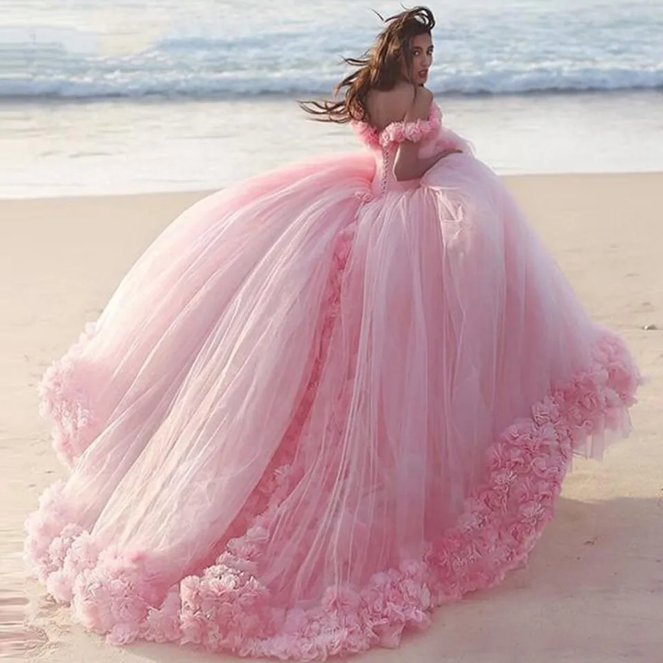 Off the Shoulder Ball Gown Prom Dress Flowers Decorated Wedding Gowns with Train #ER2172