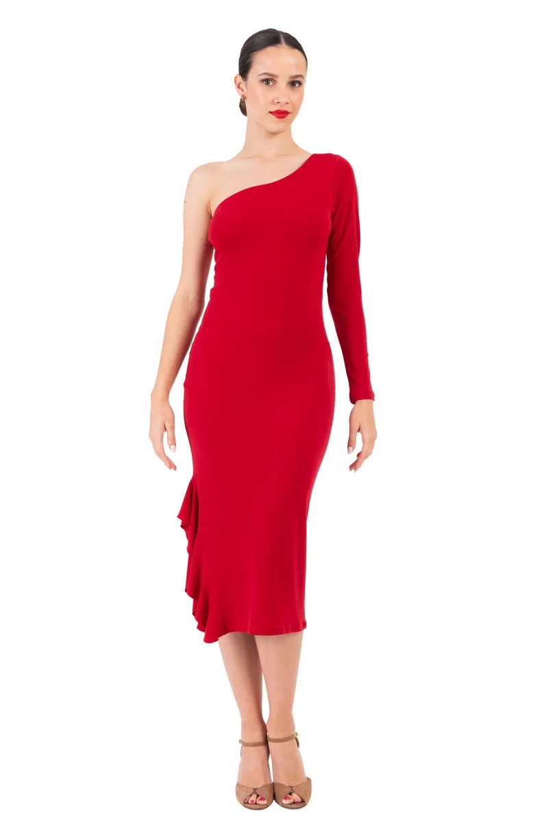 One-Sleeved Midi Dress With Side Ruffles