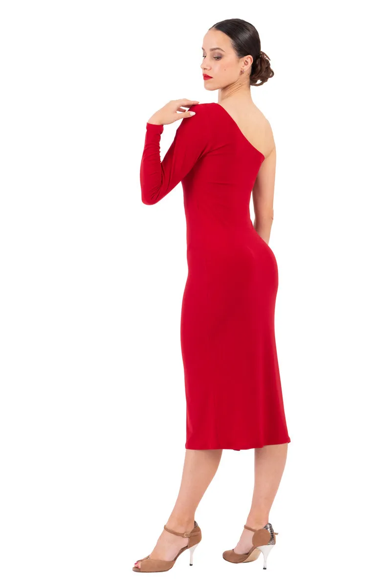 One-Sleeved Midi Dress With Side Ruffles