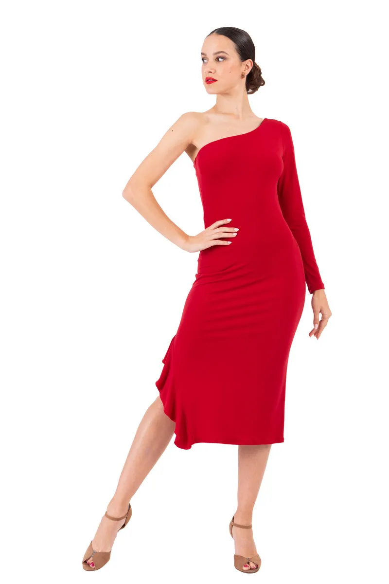 One-Sleeved Midi Dress With Side Ruffles