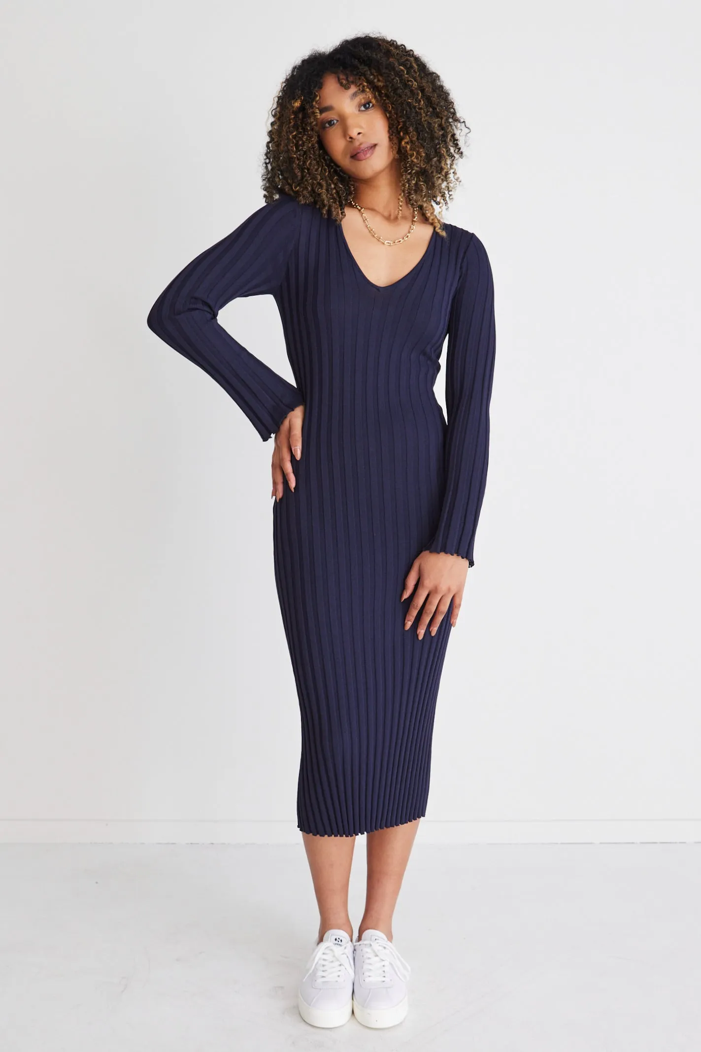 Parker Indigo Ls V Neck Wide Rib Knit Dress