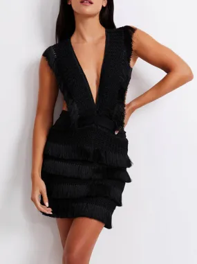 Patbo - Plunging Fringe Mini Dress - Black