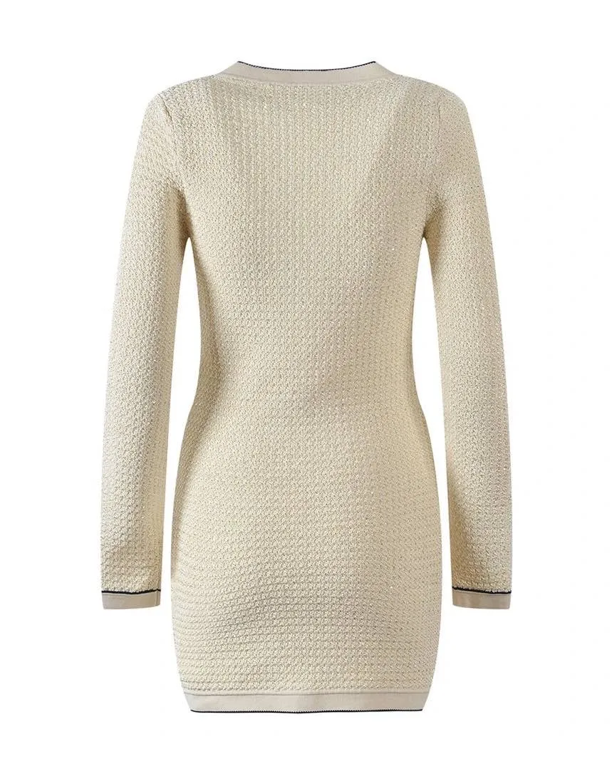 Pearl Button Short Knit Dress With Long Sleeves