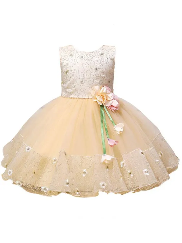 Pink Jewel Neck Flower Girl Dresses Sleeveless Cotton Tulle Flowers Kids Party Dresses