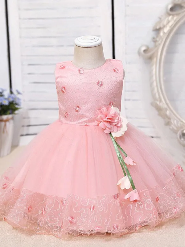 Pink Jewel Neck Flower Girl Dresses Sleeveless Cotton Tulle Flowers Kids Party Dresses