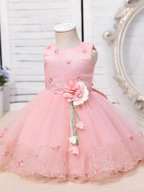 Pink Jewel Neck Flower Girl Dresses Sleeveless Cotton Tulle Flowers Kids Party Dresses