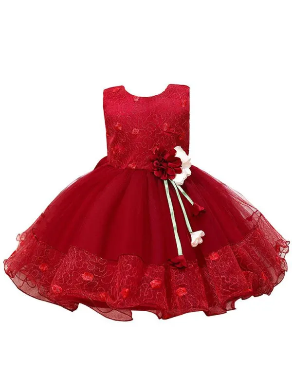 Pink Jewel Neck Flower Girl Dresses Sleeveless Cotton Tulle Flowers Kids Party Dresses