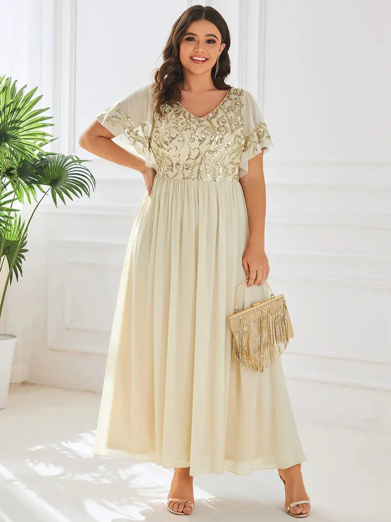 Plus Short Ruffles Sleeves V Neck Mother of the Bride Dresses